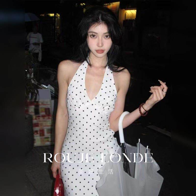 ROUJE LONDE白色波点v领挂脖连衣裙女夏季法式性感露背气质中长裙