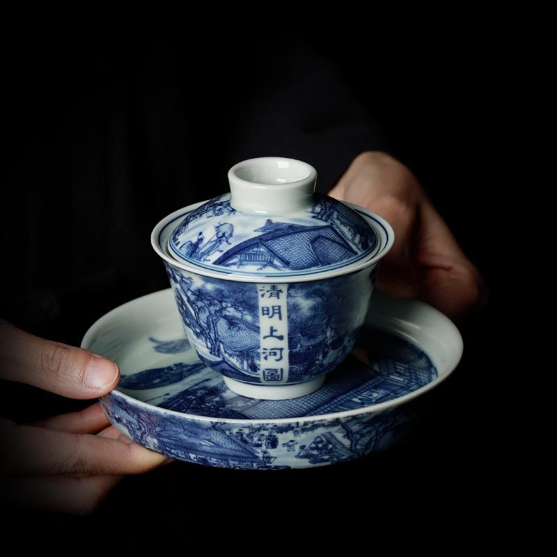 高档陶瓷二三才盖碗大号防烫茶杯手抓泡茶碗功夫茶具套装单个壶承