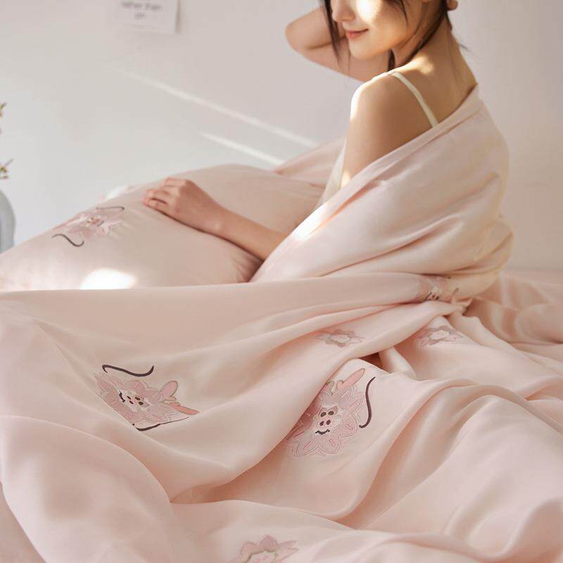 少女心夏季凉感丝滑天丝四件套轻奢绣花被套1.8m1.5米床上用品