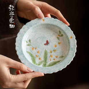 弥言手绘蝴蝶兰花壶承手工陶瓷花口干泡盘圆形茶台家用茶点盘简约