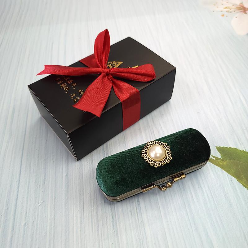 高档复古工唇制丝绒口红盒首饰盒随身便携带镜子口红手膏作盒单只