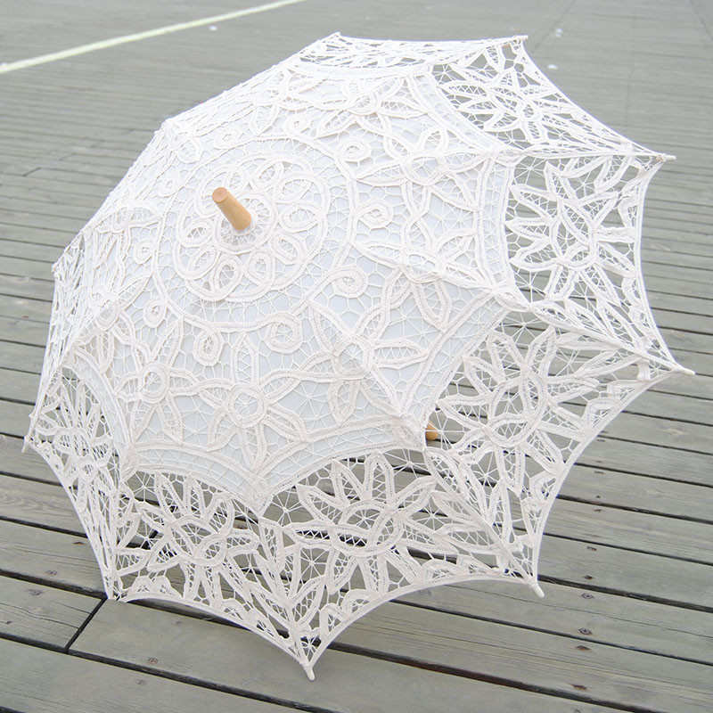 复古创意新娘伞 婚庆木柄直杆公主伞 田园米色蕾丝伞 棉布摄影伞
