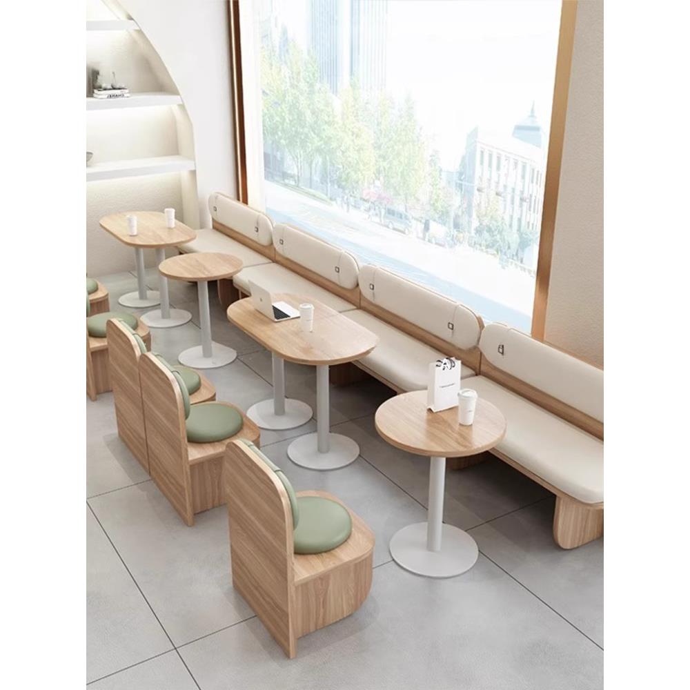 原木风奶茶店咖啡厅靠墙卡座沙发定制蛋糕甜品店长条凳餐桌椅组合