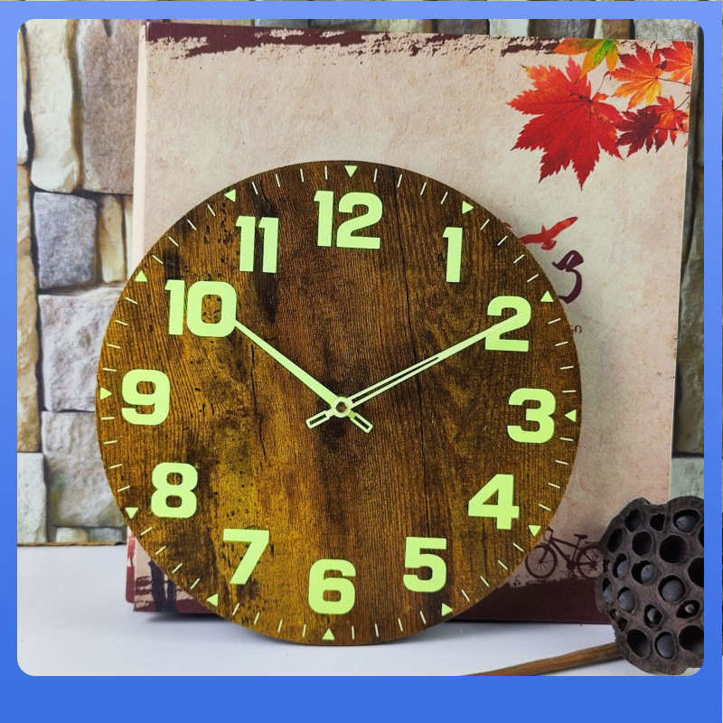 热卖夜光挂钟简约火烧纹MDF木质指针钟表 圆形时钟现代无