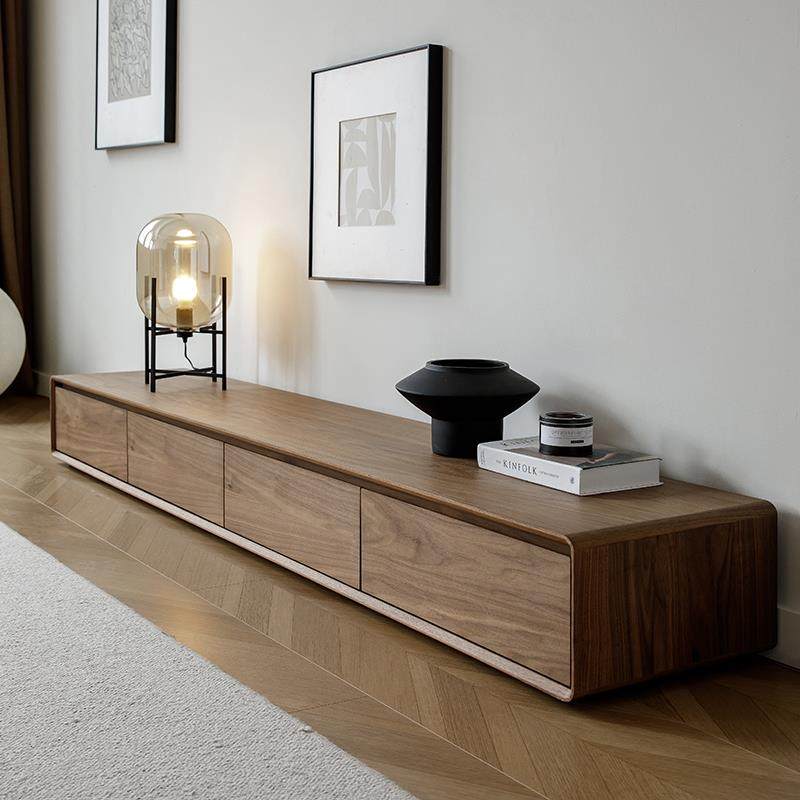 实木电视柜茶几组合中古风客厅家用一体柜黑胡桃木色落地电视机柜