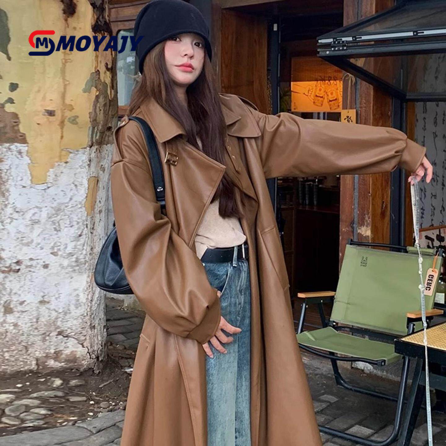 MOYAJY品牌春秋季韩版气质休闲时尚大衣高级感棕色PU皮风衣外套女