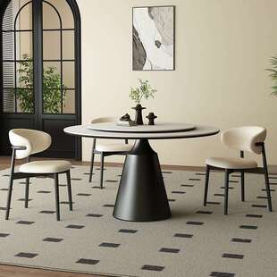 全托岩板圆形餐桌家用小户型法式 纯黑圆桌带转盘家用高端吃饭饭桌