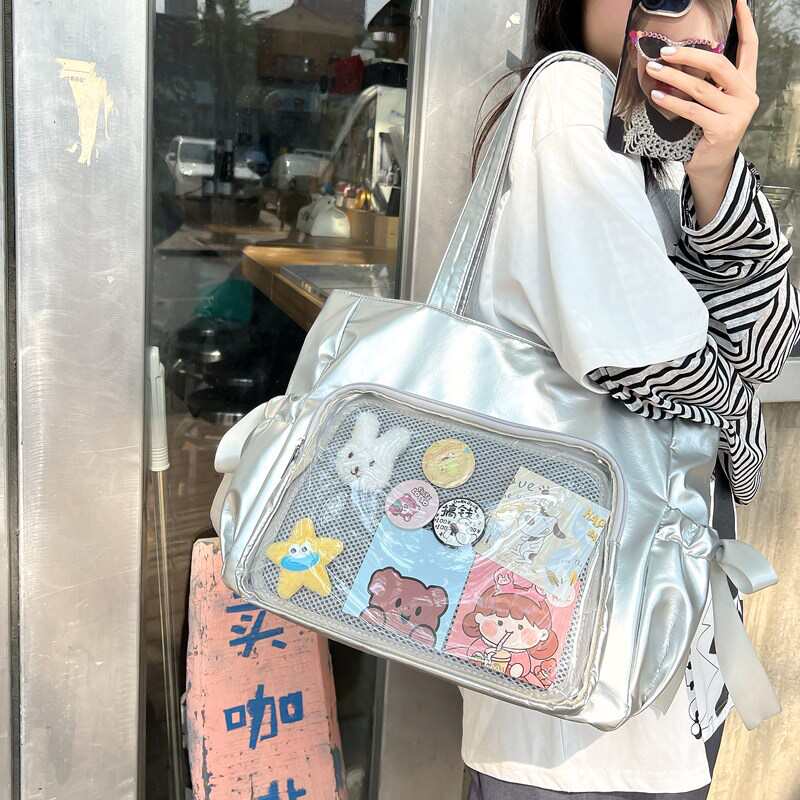日系潮原创双面透明蝴蝶痛包百搭软妹少女大容量单肩包上课托特包