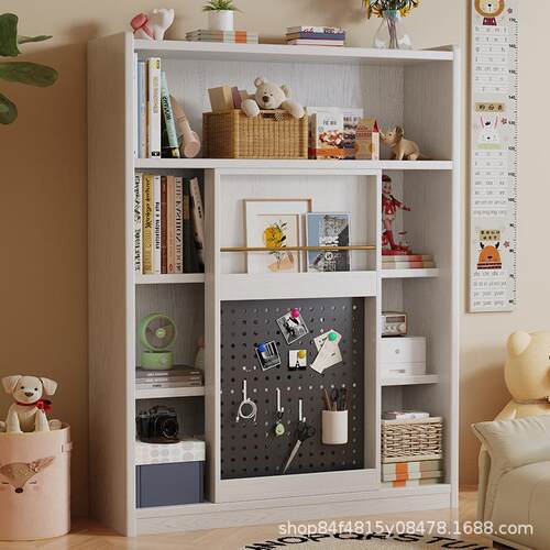 儿童房书架置物架落地实木绘本架推拉门书柜宝宝阅读区储物柜一体