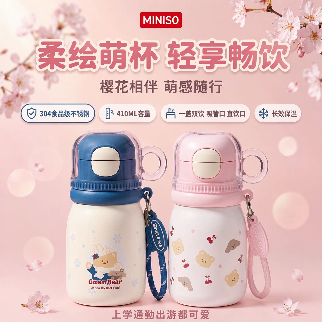 MINISO名创优品樱有尽有304不锈钢保温杯大容量一盖双饮吸管水杯