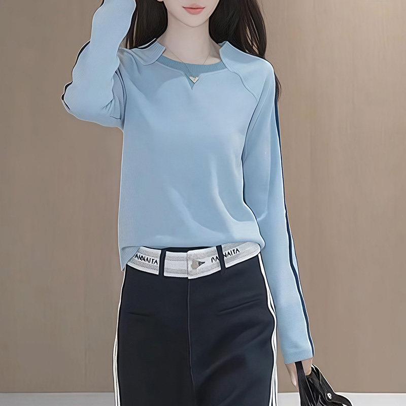新品撞色拼接长袖t恤女秋冬新款不规则时尚白色显瘦百搭小众休闲