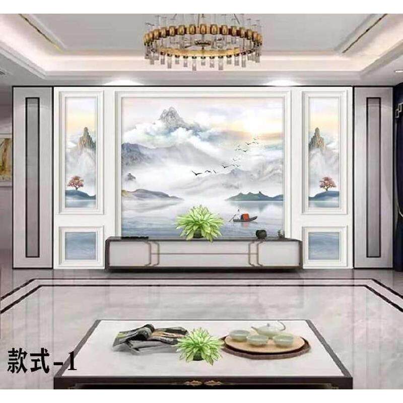 五宫格电视背景墙壁纸壁画水墨山水墙纸中式客厅影视墙装饰墙画布,家居饰品,现代装饰画,淘宝优惠券,粉丝福利购,淘宝优惠卷