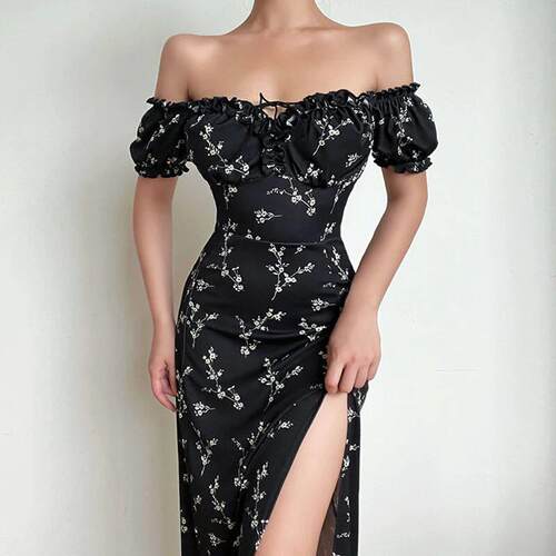 Floral slim fit strapless slit dress碎花修身抹胸开叉连衣长裙