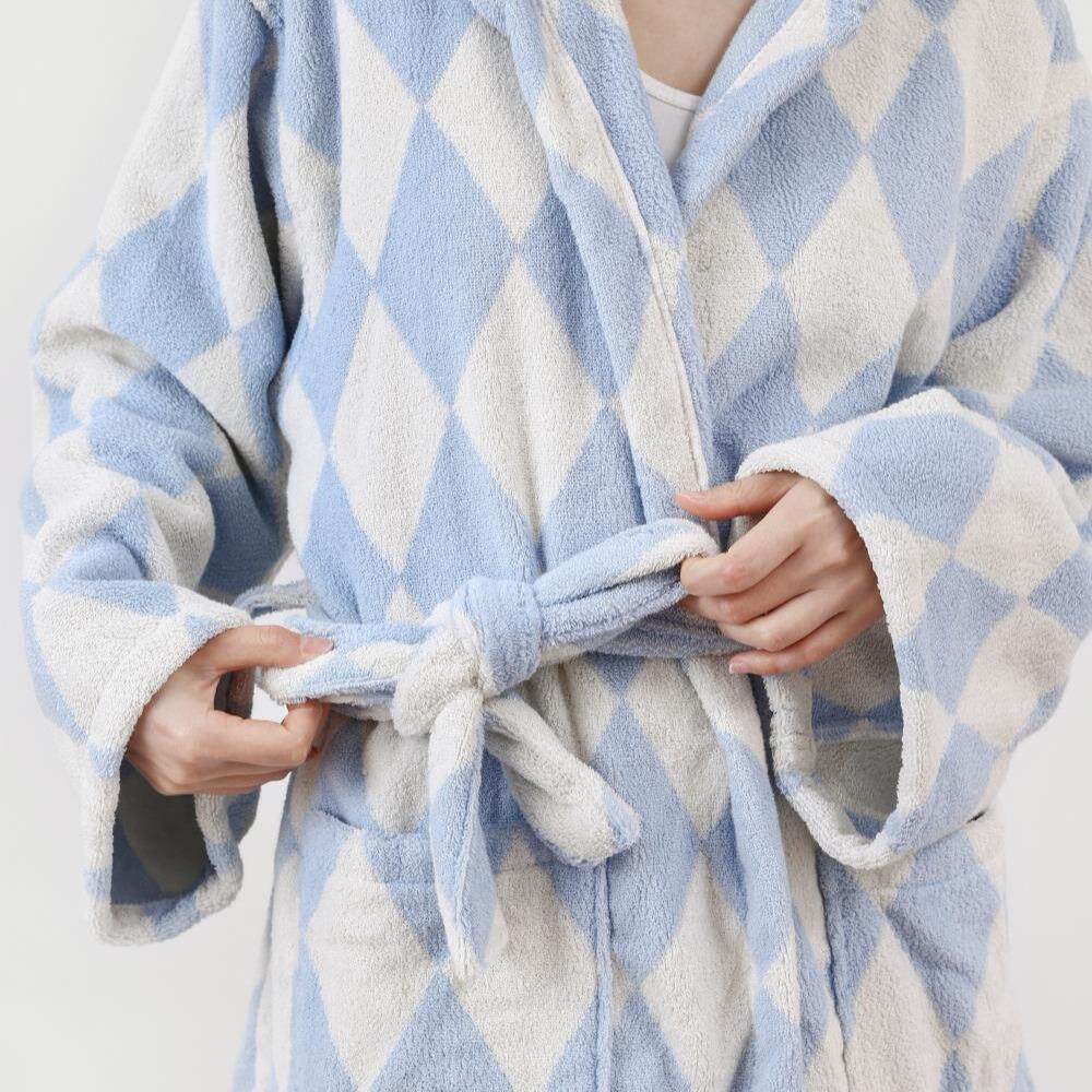 竖男浴袍女士复古琪盘格子32支浴长绒袍棉条纹毛巾料家居服舒适
