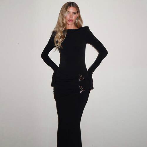 Womens Plain Ruched Metal Decor Flounce Sleeve Bodycon
