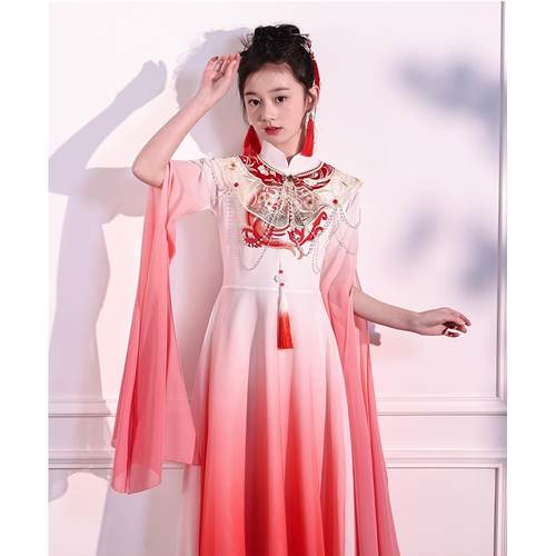 正品女飘高端古筝童演出服儿肩童成人钢琴长版逸披表演礼服中国红