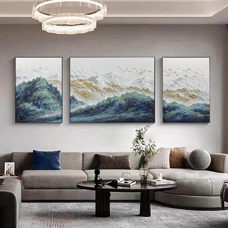 现代轻奢客厅装饰画高档大气沙发背景墙山水挂画新中式三联画壁画
