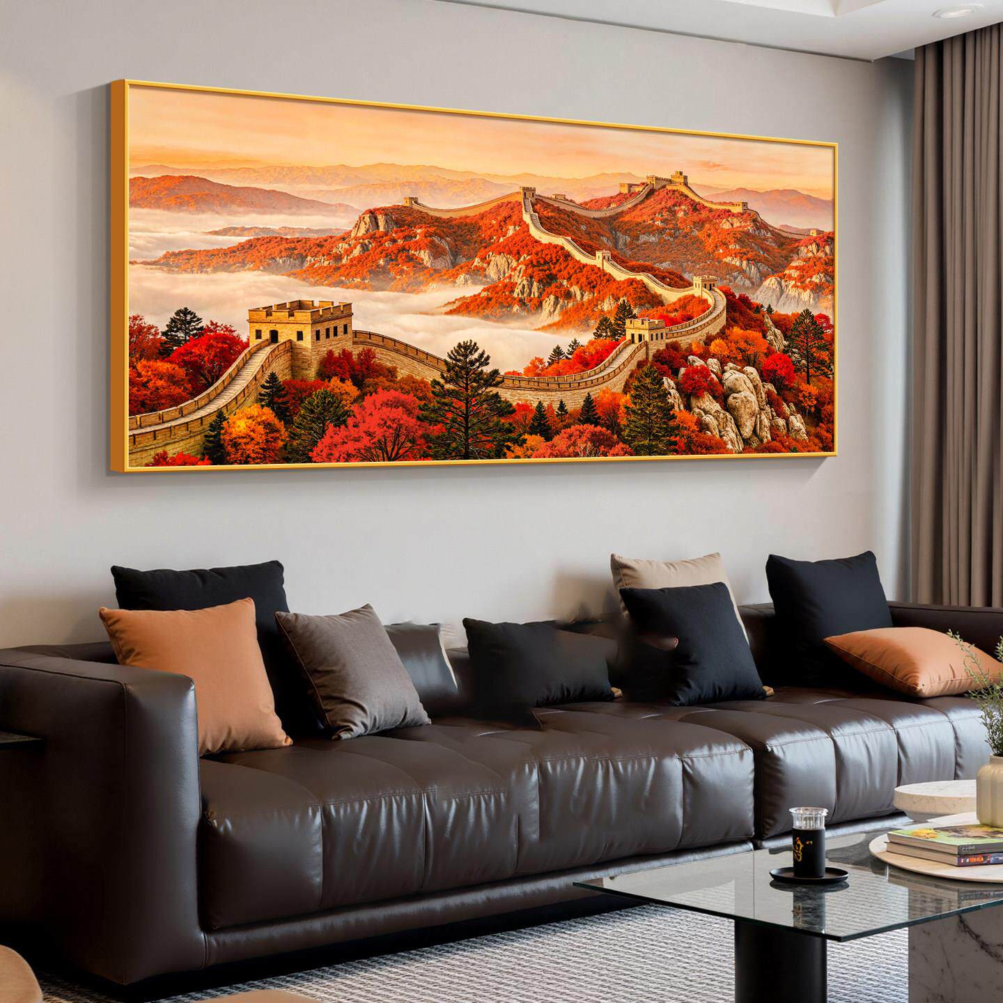 鸿运当头客厅挂画背有靠山沙发背景墙装饰画旭日东升东墙轻奢壁画