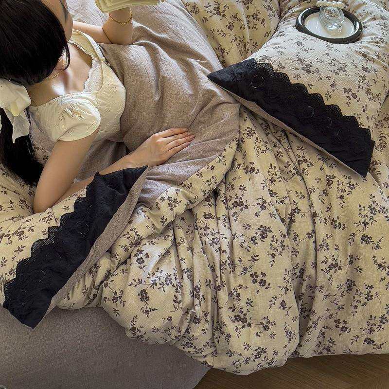 新款亚麻棉麻复古全棉磨毛四件套被套床单床笠款被套秋冬床上用品