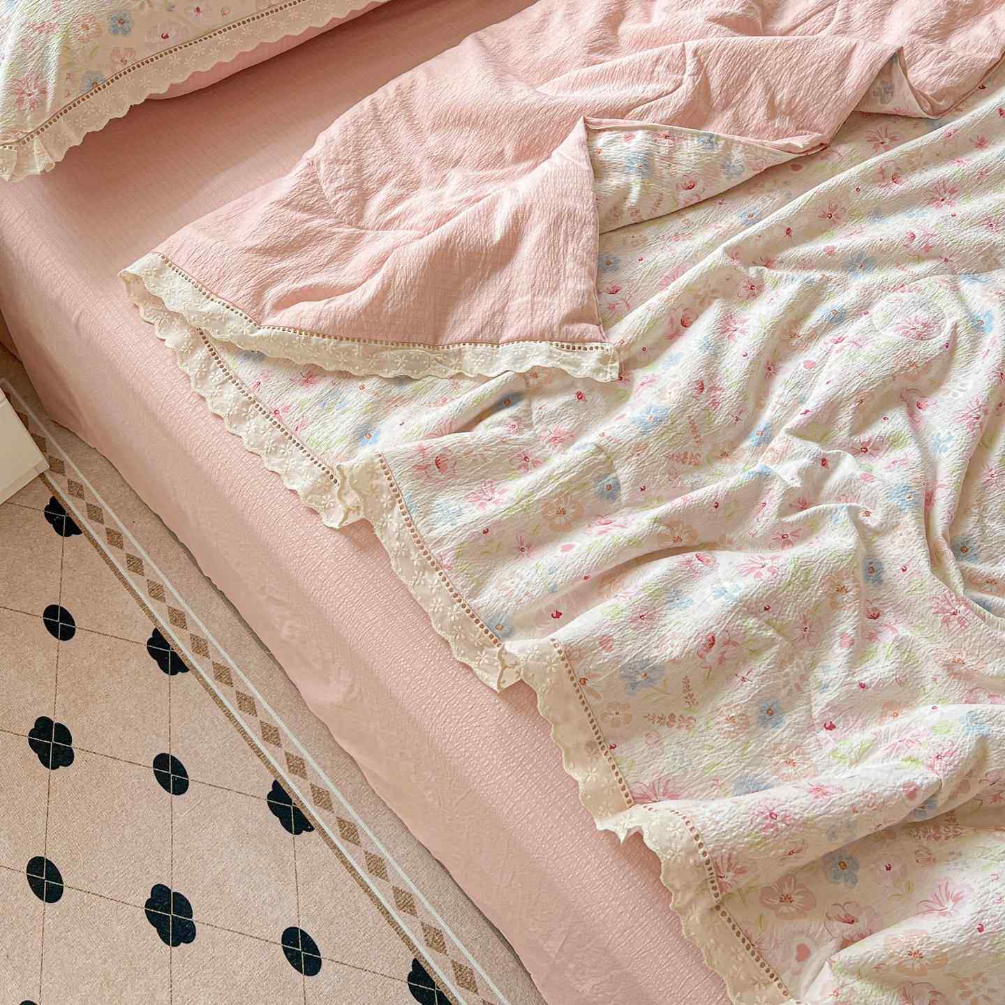 225新款款云感600木棉皱皱纱水洗棉花边被四件套亲肤0可裸夏睡