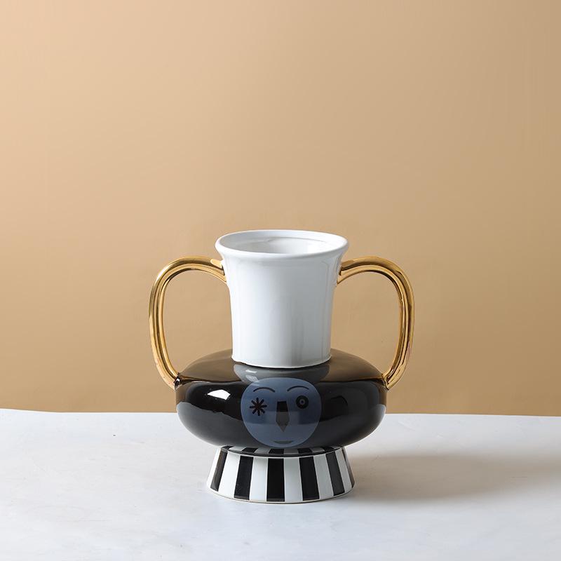 现代家居软条纹黑白几何酒店摆件样板房会装饰品北欧花瓶陶瓷所