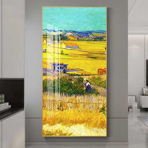 梵高名画玄关装饰画竖版现代简约走廊墙壁画麦田星空丰收油画挂画