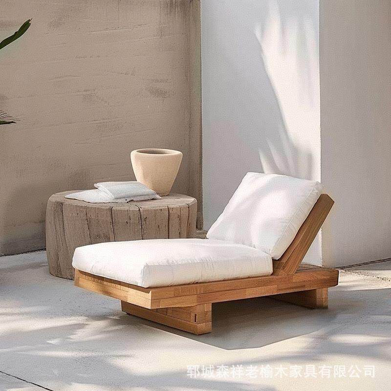 民宿实木单人沙发躺椅创意酒店休闲榆木贵妃椅客厅家用阳台沙发床