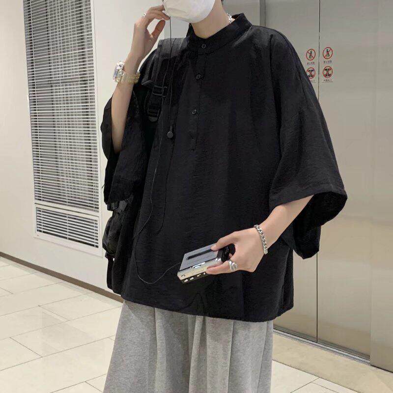 コーデュロの潮牌暗黑系诘襟短袖衬衫男日系蝙蝠袖polo衫半袖T恤