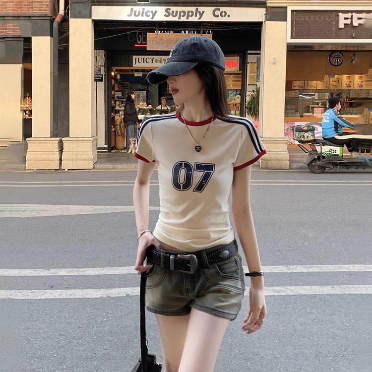 美式覆古撞色印花百搭正肩短袖T恤女夏季新款设计感小众独特上衣