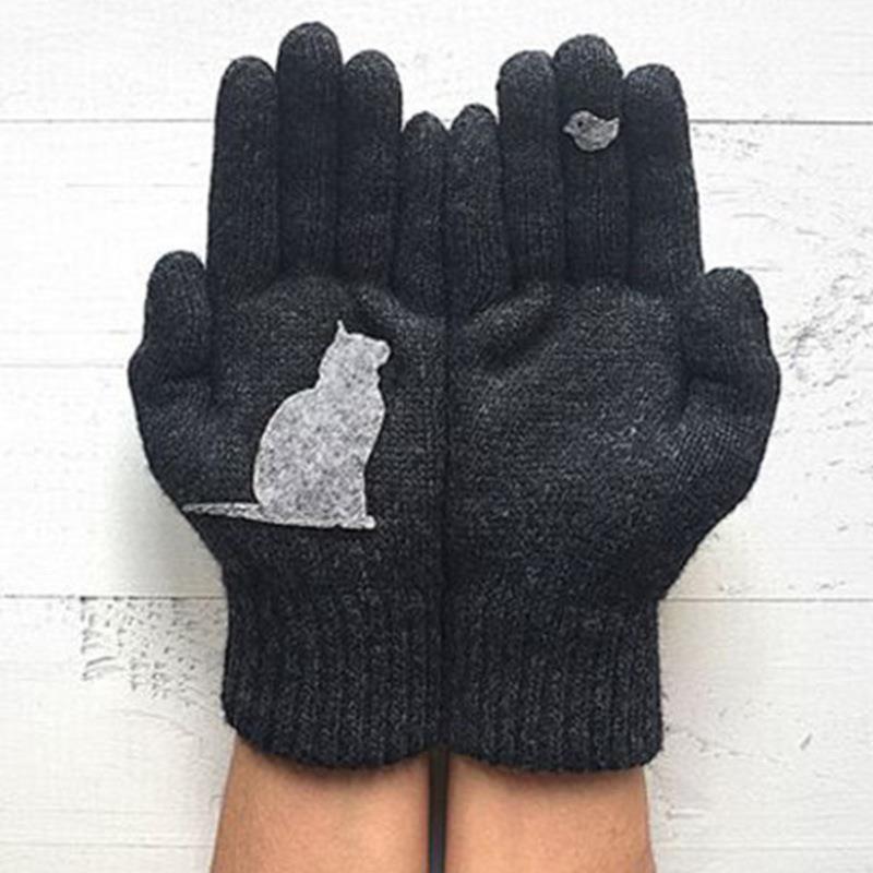 Womens wool gloves outdoor warm cold thickened cat bird