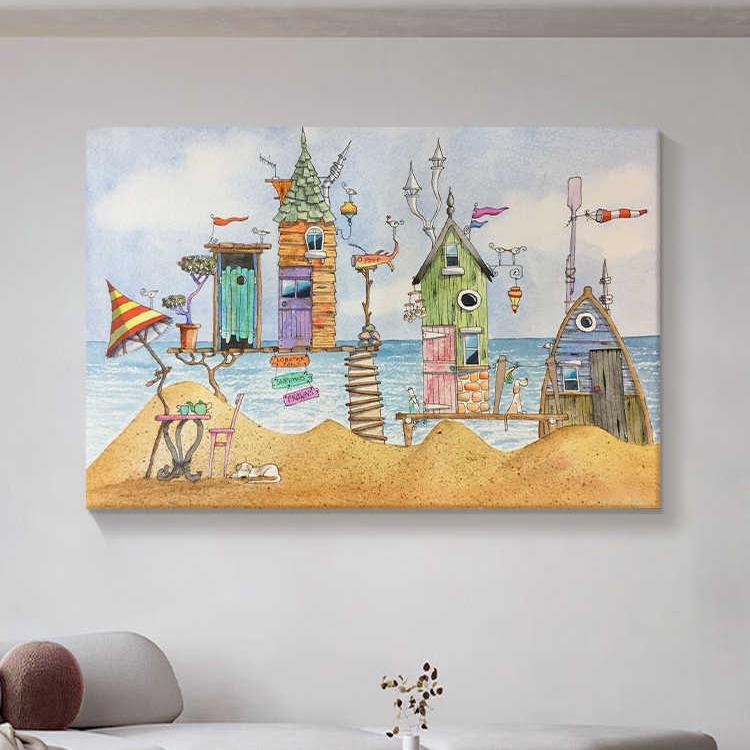 爆款现代艺术卡通建筑客厅横版沙发后装饰壁画卧室小孩房挂画图片