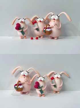 XIA原创自制树脂粘土大眼系列可爱动物家居汽车室内摆件兔子