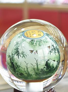 内画 画琉璃水晶球翠竹礼品玻璃工艺礼品摆饰家居办公桌轻奢摆件