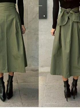 Women's Plain Plicated Knot Flared Skirt Elegant Pocket