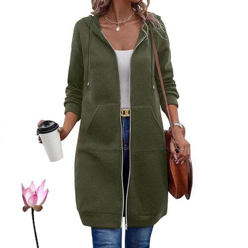 Women's long jacket, fleece drawstring hooded jacket,