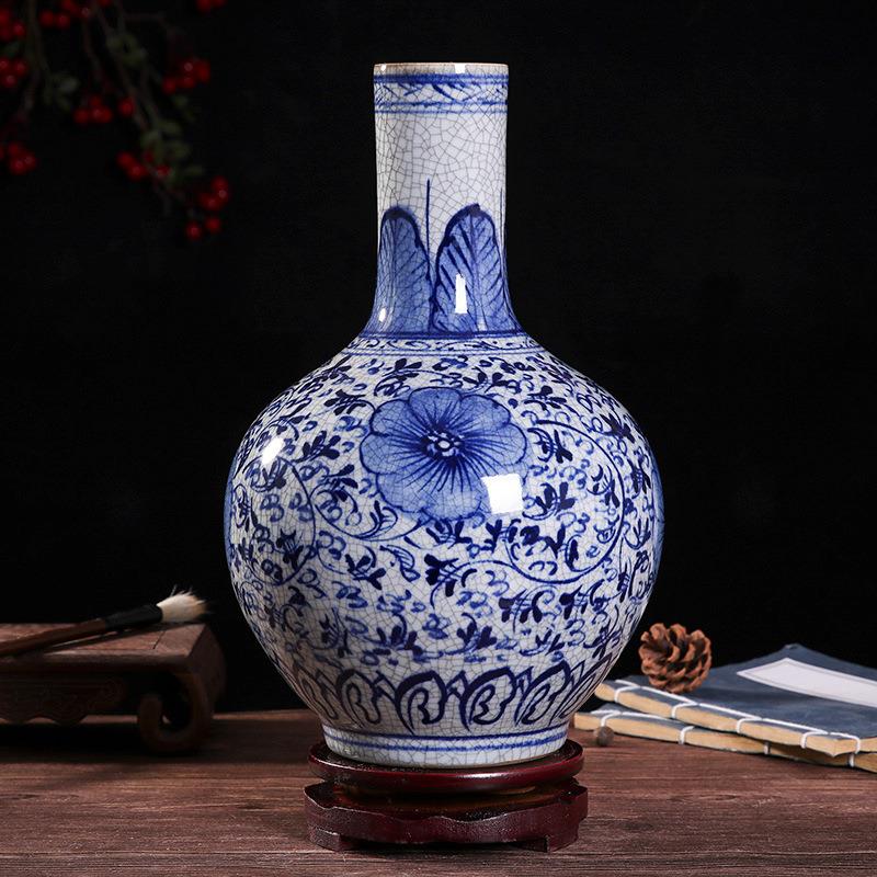 景德镇手绘青花瓷花瓶家居客厅中式裂釉工艺品陶瓷复古装饰摆件