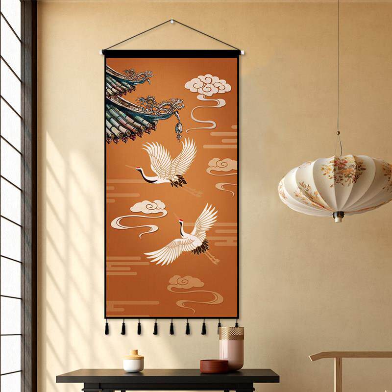 中国风仙鹤挂布背景布中式背景墙装饰挂毯墙布客厅玄关装饰画定制