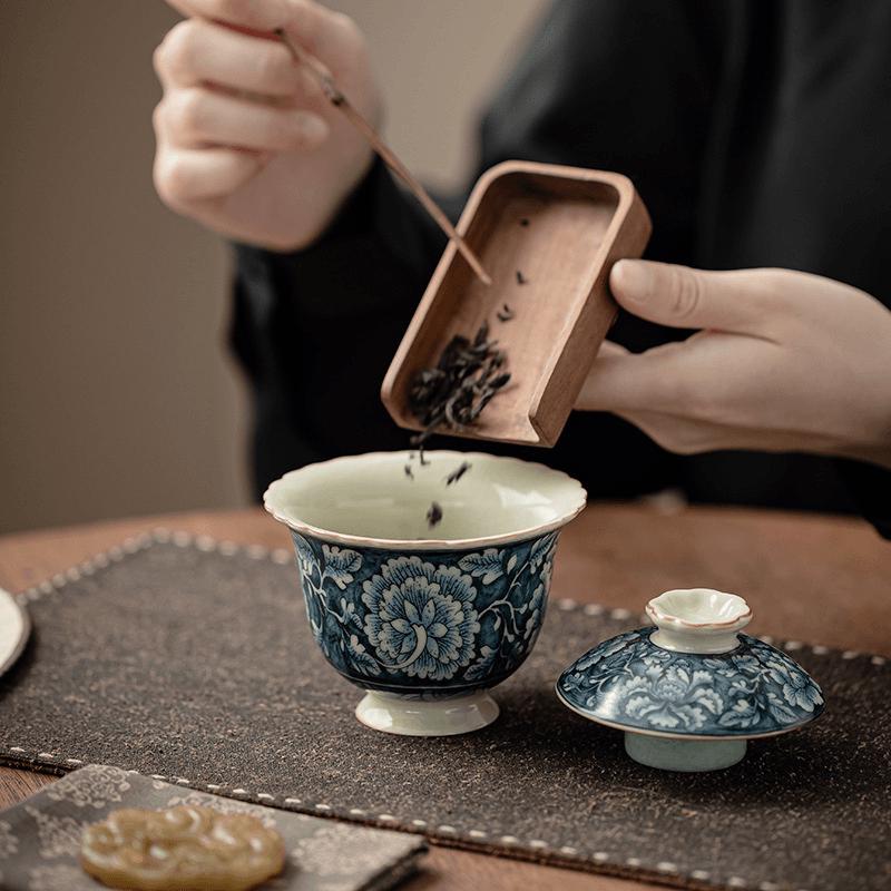 几欢汝窑繁花花边盖碗新中式家用陶瓷二才盖碗泡茶碗开片可养茶具