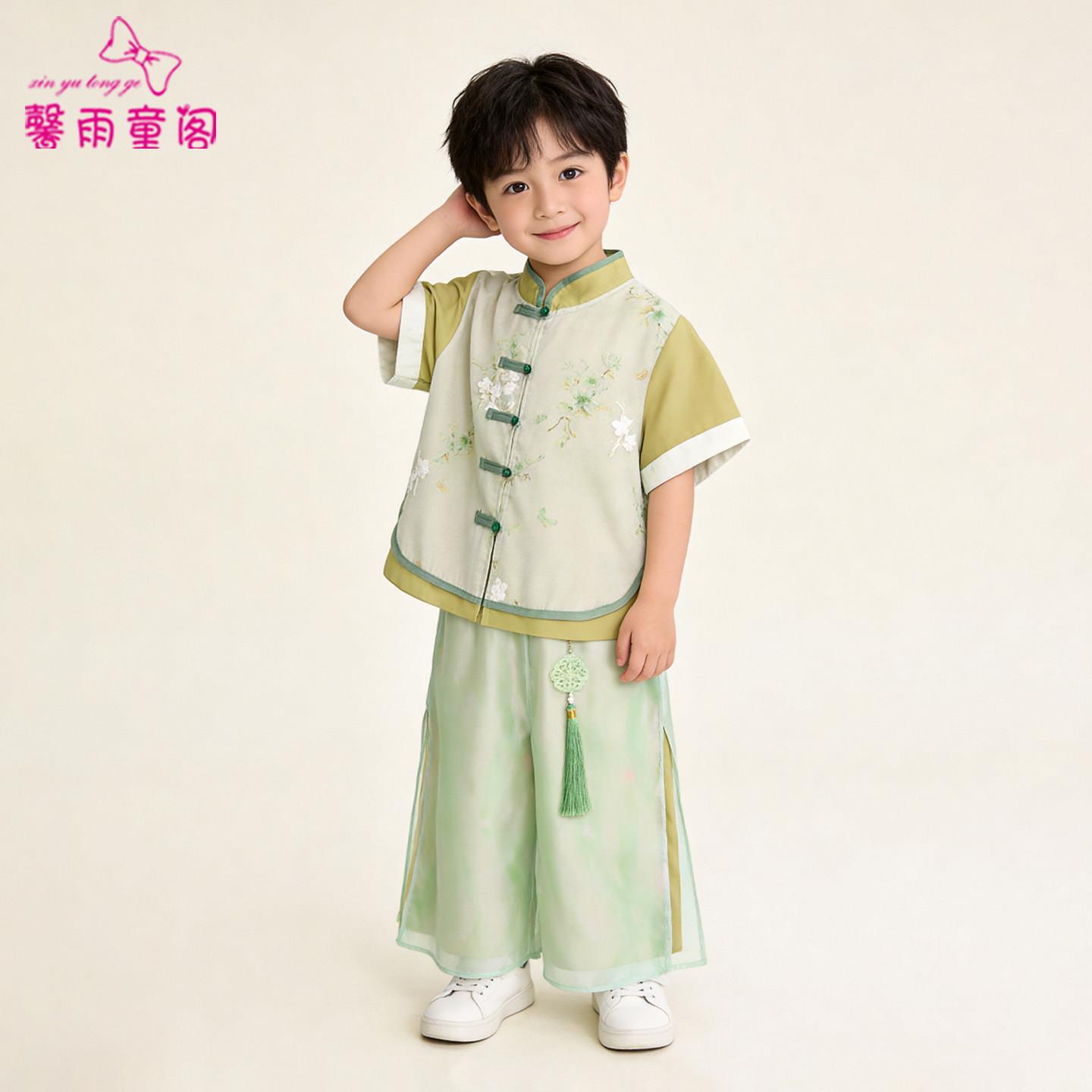 儿童汉服夏男童国风短袖套装小少爷新中式唐装演出服宝宝端午古装