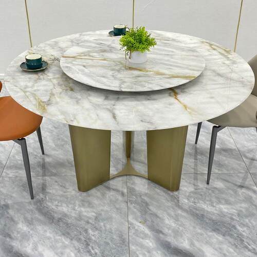 天然超晶石餐桌椅组合现代简约大理石圆形饭桌家用圆桌带转盘