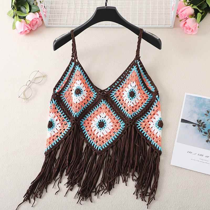 Travel tassel suspenders hollow knit vest bohemian style top