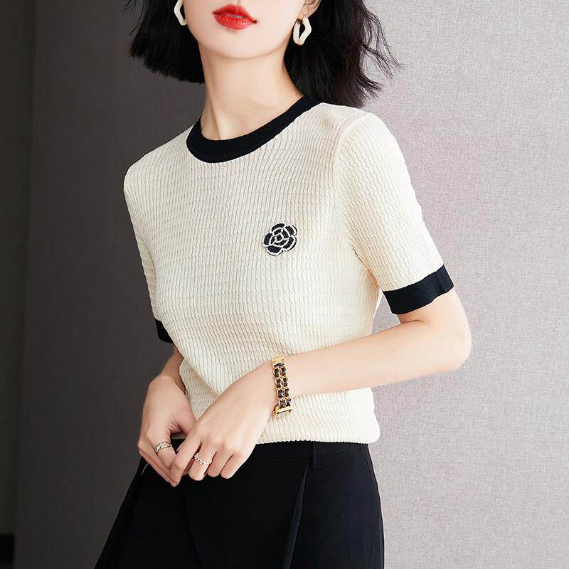 冰丝针织衫短袖t恤女2025新款小香风上衣高级感大码妈妈夏装体恤