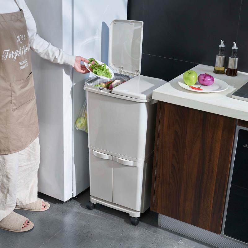 日式大号干湿分离垃圾桶带滑轮双层垃圾分类塑料废纸篓带盖子