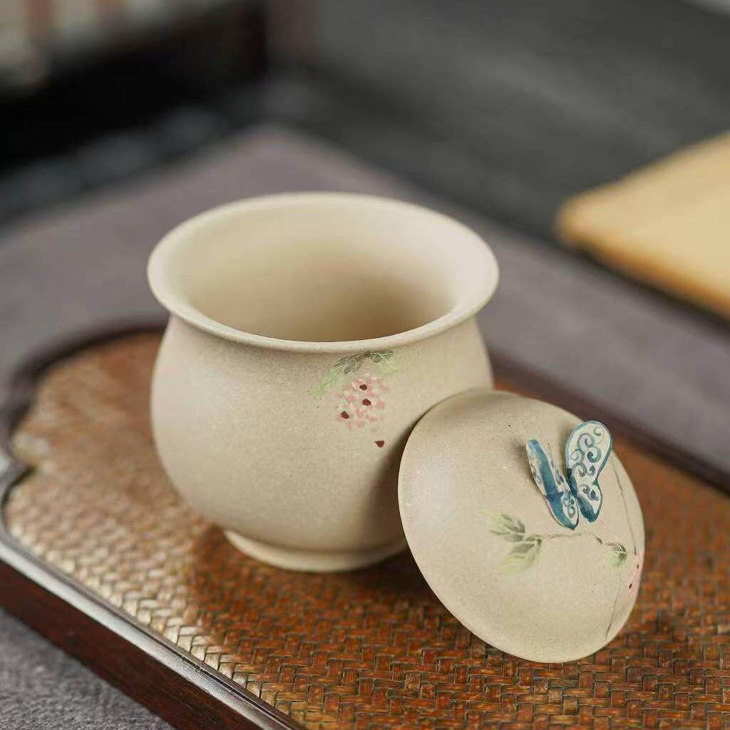 宜兴原矿紫砂白玉段盖碗文人雅器女士泡茶杯茶具手工泥绘蝴蝶杯
