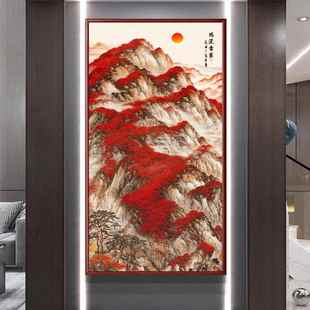 靠山图鸿运当头玄关装饰画客厅办公室走廊竖版泰山日出东方挂画