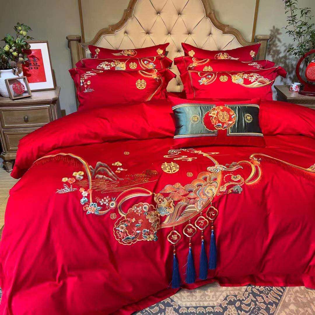 婚庆中式刺绣结婚床上用品床单被罩婚嫁婚床新婚红色十件套