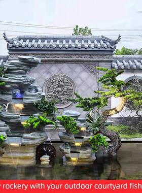 单山体假山流水喷泉摆件公司阳台顶楼鱼池户外花园庭院鱼池造景观