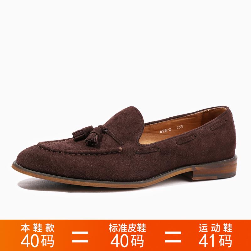 正品优100男鞋复古伦反绒皮流苏闲一脚蹬乐士福鞋男韩版商英务休