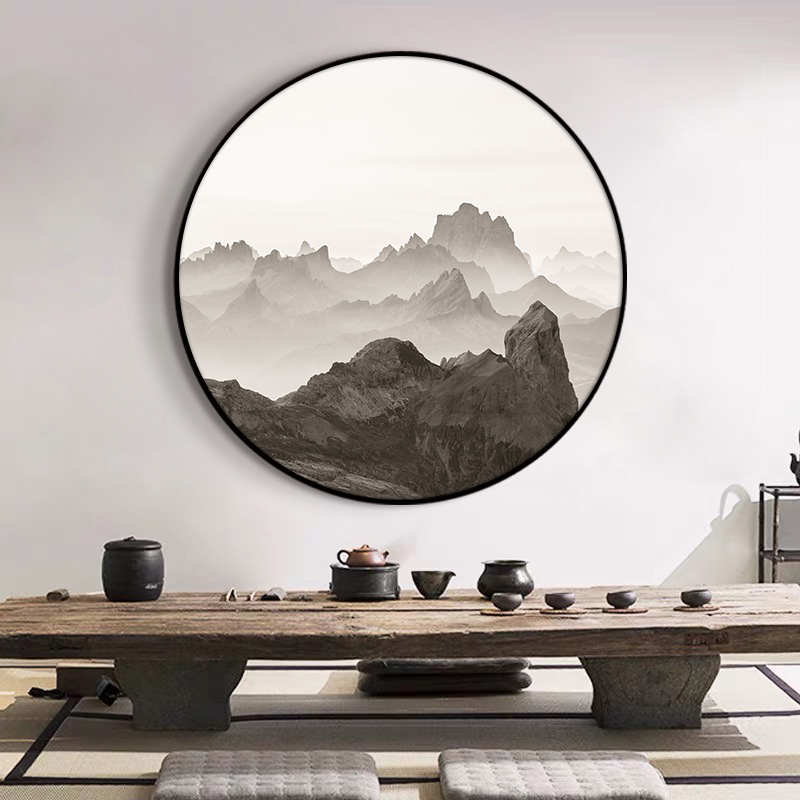茶室山水新中式挂画圆形客厅背景墙有山无水靠山图壁画玄关装饰画