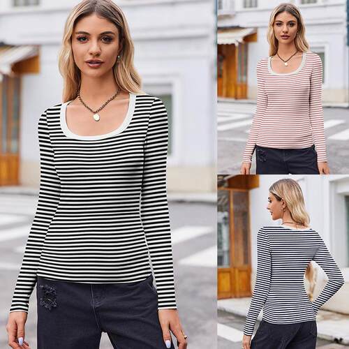 Women's Striped Knit U-Neck Long Sleeve T-Shirt  Soft